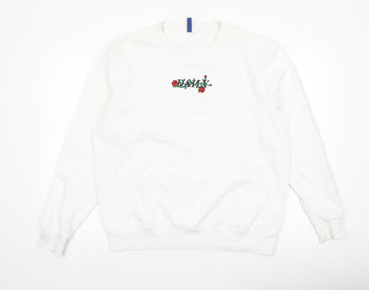 H&M Divided Men's White Embroidered Rose Graphic Pullover Sweatshirt L