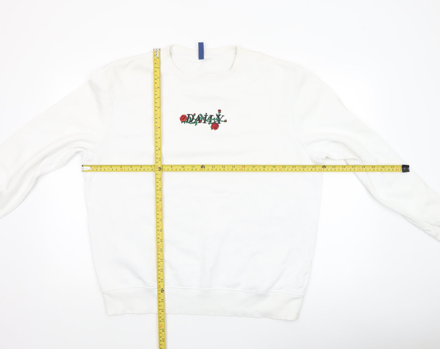 H&M Divided Men's White Embroidered Rose Graphic Pullover Sweatshirt L