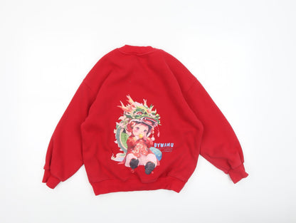 Close-up detail of HANEGUO girls’ red graphic dragon butterfly pullover sweatshirt, size 8, years