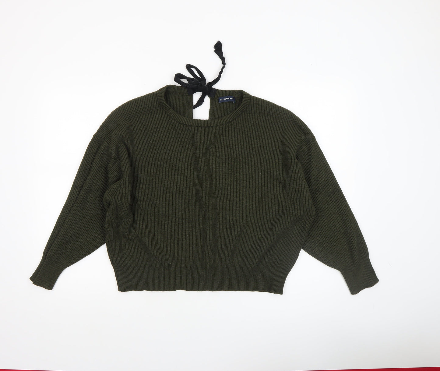 Zara Women Green Relaxed Knit Bow Back Long Sleeve Jumper XL