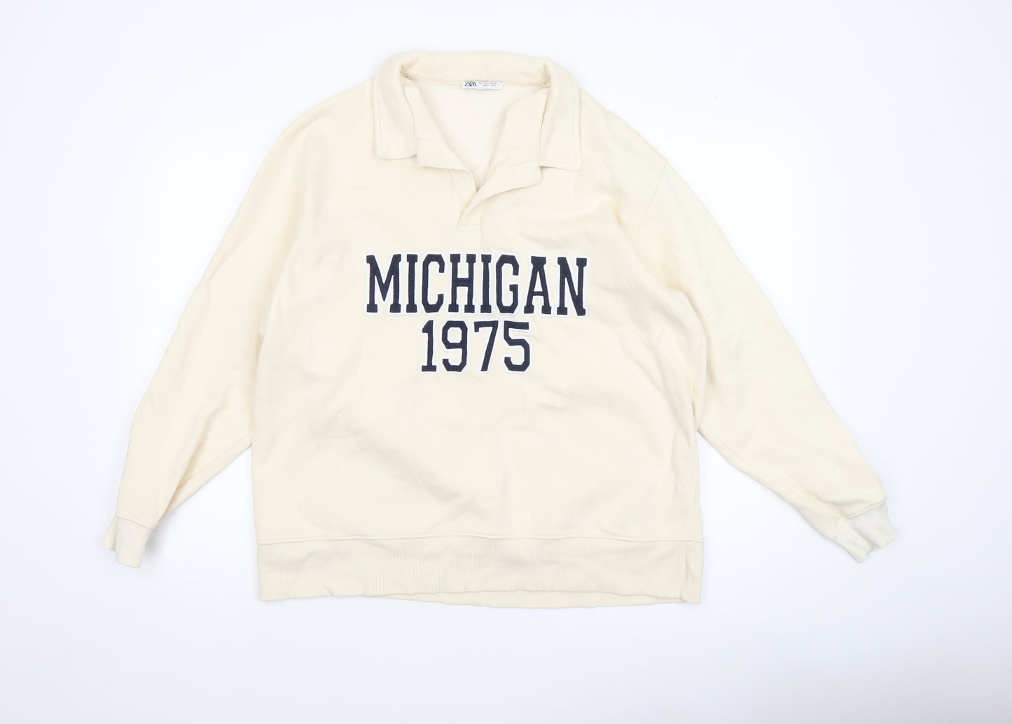 Zara Women Beige Michigan 1975 Pullover Sweatshirt L Cotton Blend