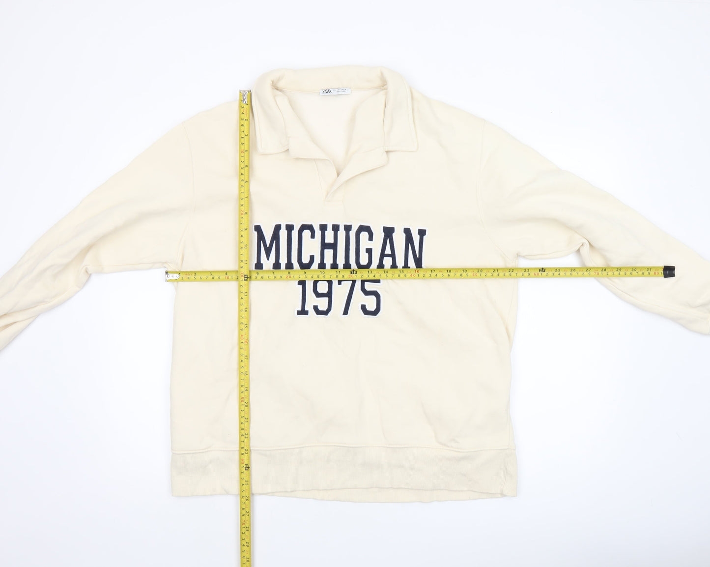 Zara Women Beige Michigan 1975 Pullover Sweatshirt L Cotton Blend