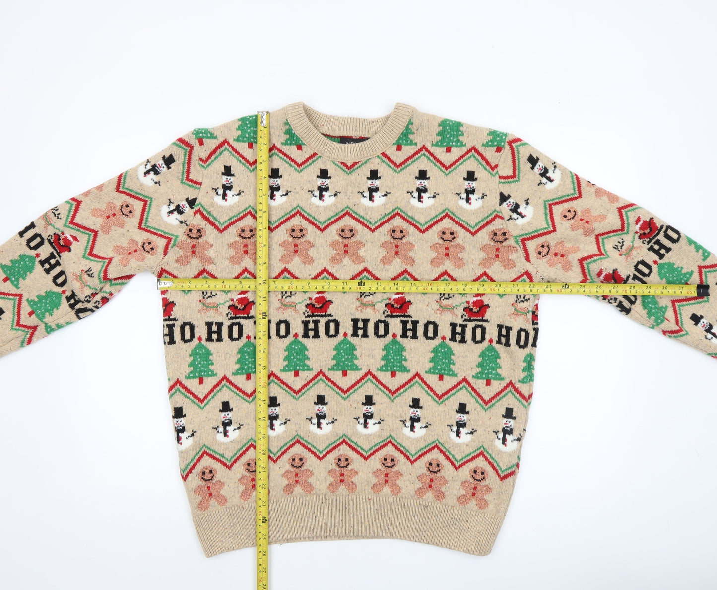 Next Men Beige Christmas Fair Isle Jumper L Crew Neck Knit
