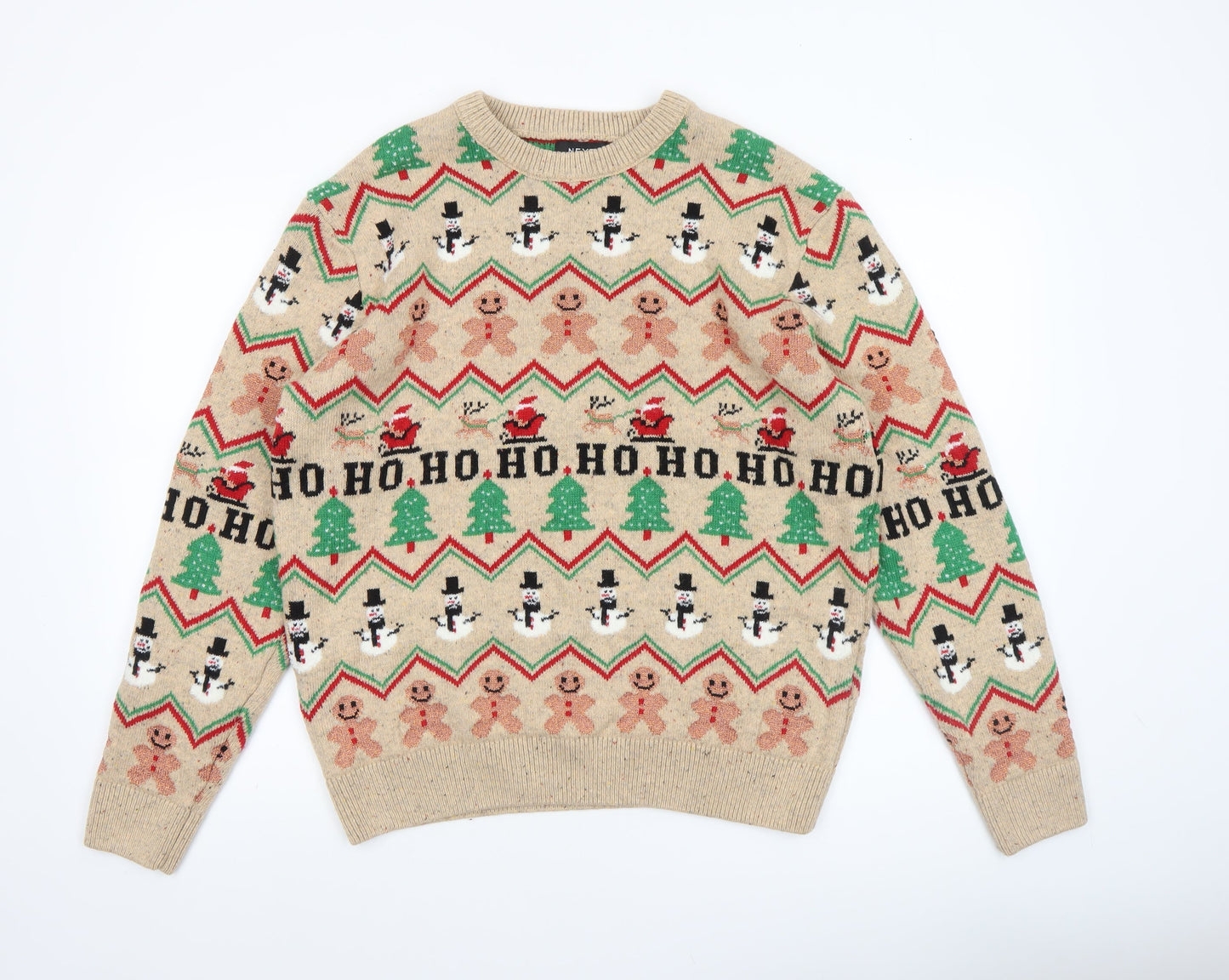 Next Men Beige Christmas Fair Isle Jumper L Crew Neck Knit