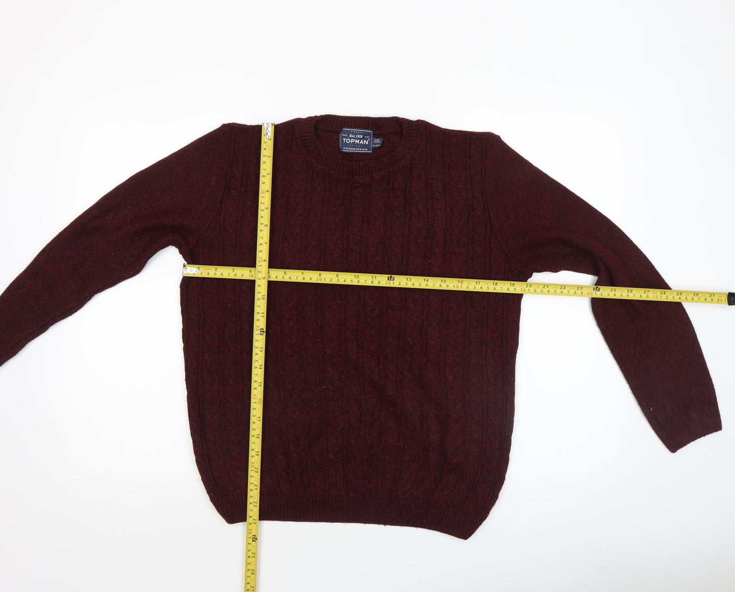Topman Men's Red Cable-Knit Crew Neck Jumper XS