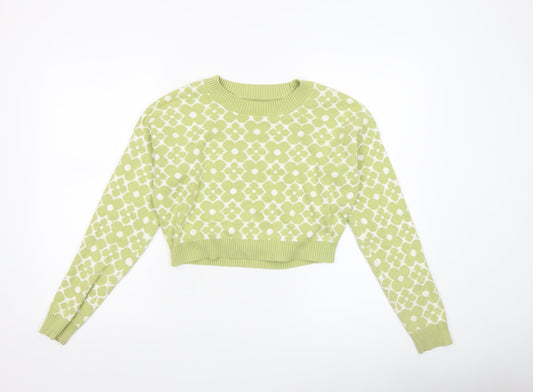 Hollister Women Green XS Floral Crew Neck Knit Pullover Jumper