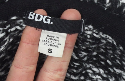 Brand and care label for BDG Women's Black Chunky Knit Striped Open Cardigan, size S