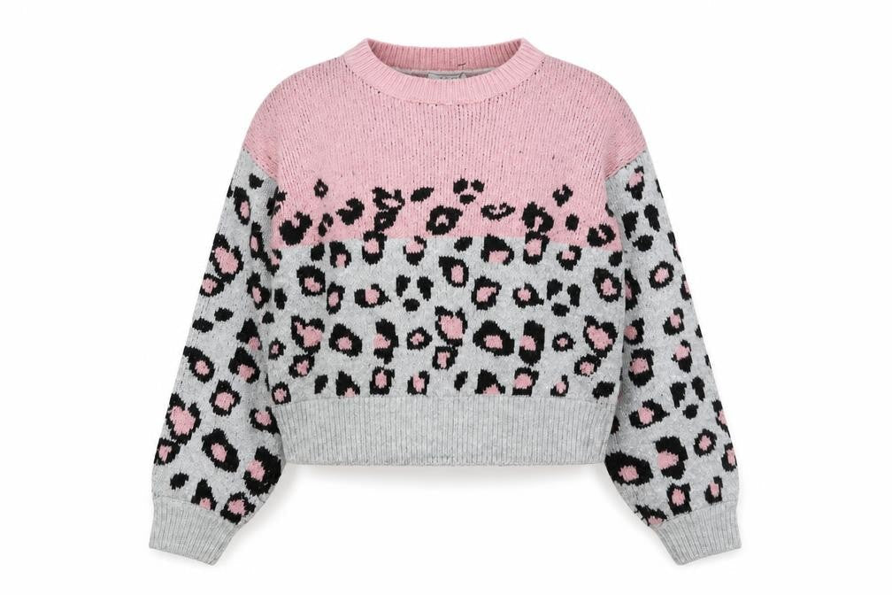 Kylie Girls Pink Grey Leopard Print Acrylic Blend Pullover Jumper 11 Years