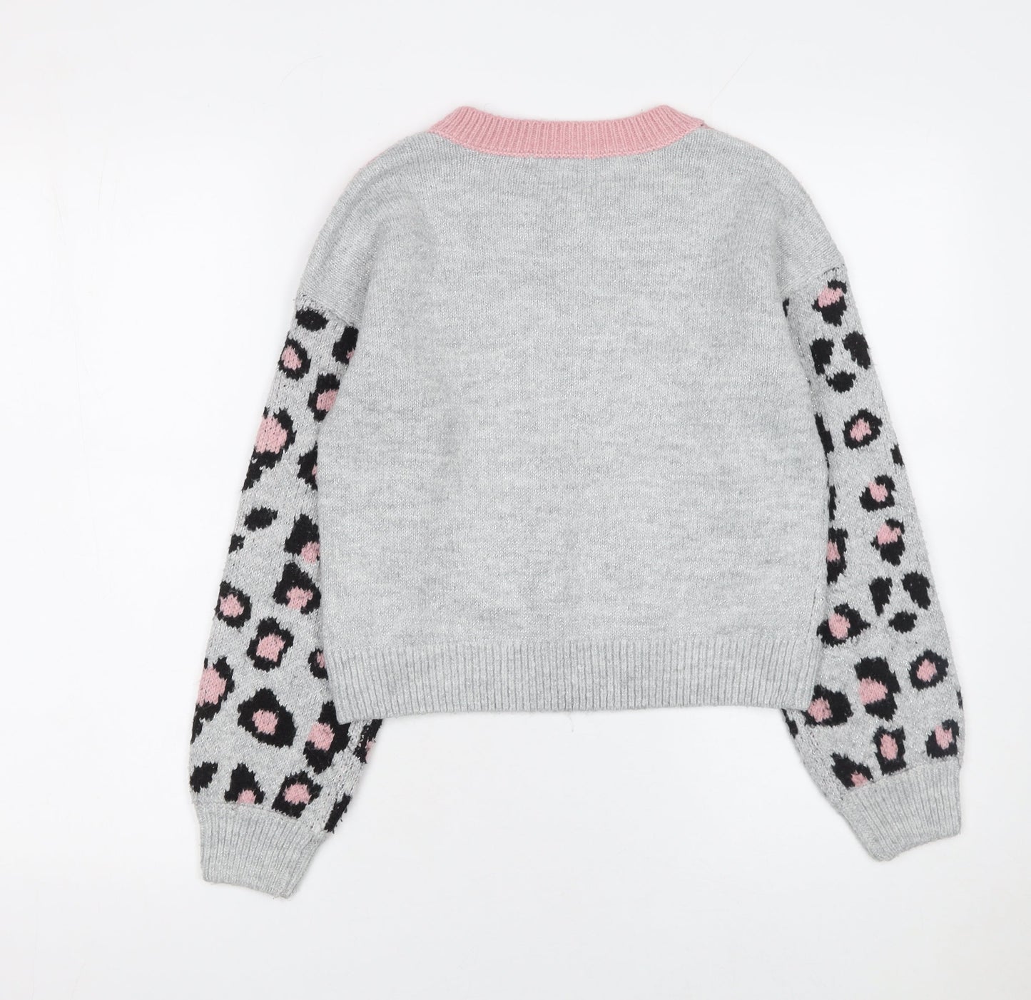Kylie Girls Pink Grey Leopard Print Acrylic Blend Pullover Jumper 11 Years