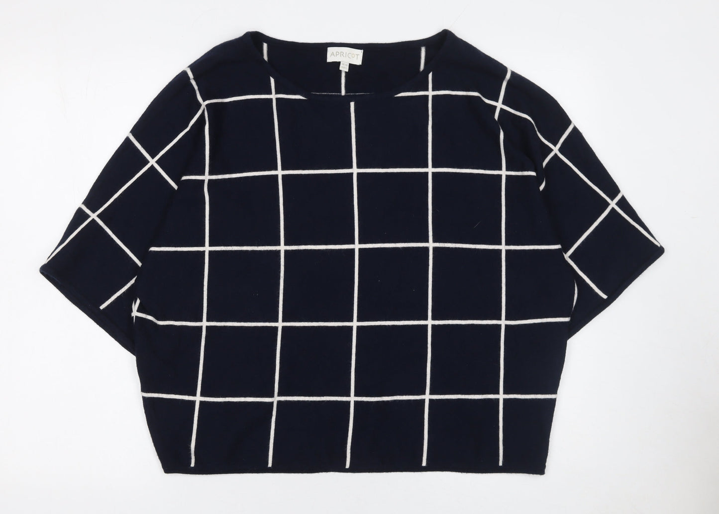 Apricot Women Blue Check Pullover Jumper UK 14 Boat Neck 3/4 Sleeve