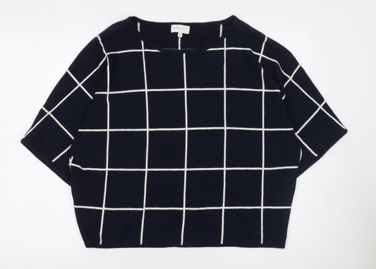 Apricot Women Blue Check Pullover Jumper UK 14 Boat Neck 3/4 Sleeve