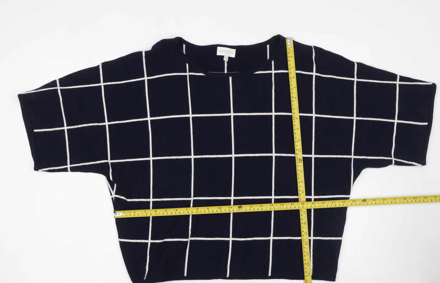 Apricot Women Blue Check Pullover Jumper UK 14 Boat Neck 3/4 Sleeve