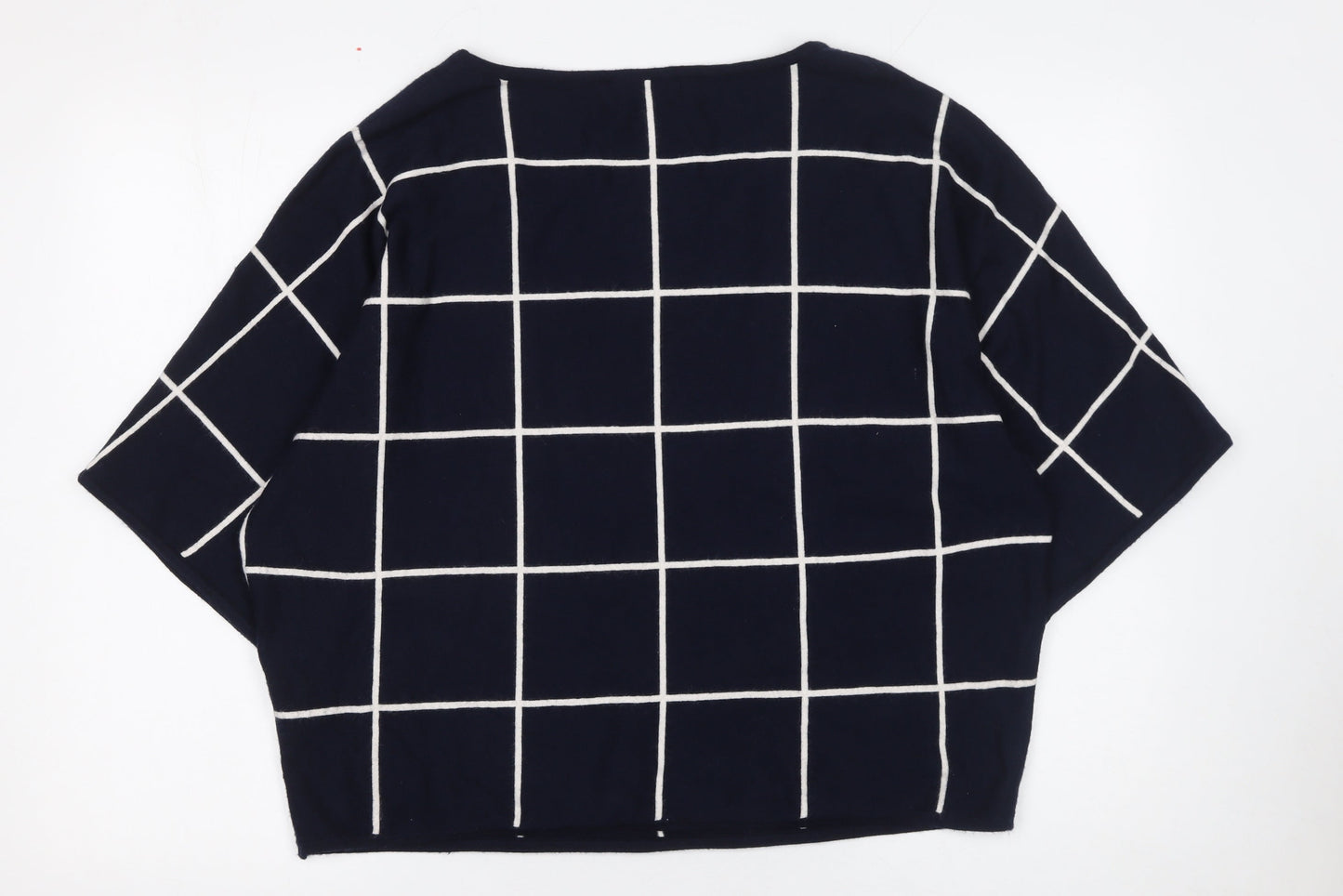 Apricot Women Blue Check Pullover Jumper UK 14 Boat Neck 3/4 Sleeve