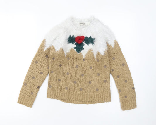 Next Girls Beige Christmas Pudding Jumper 8 Years Long Sleeve Knitwear