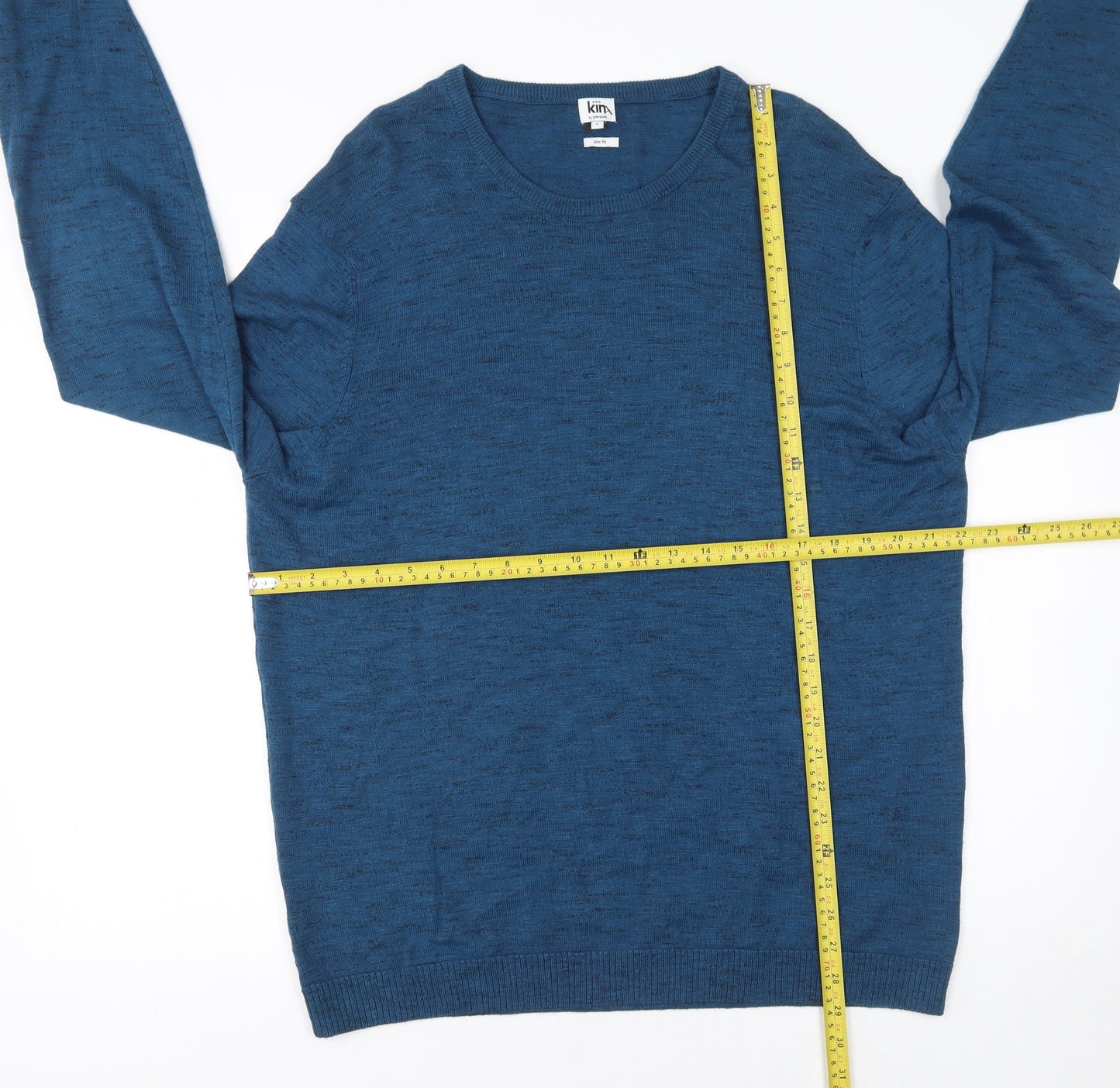 Kin by John Lewis Men Blue Wool Crew Neck Slim Fit Jumper L