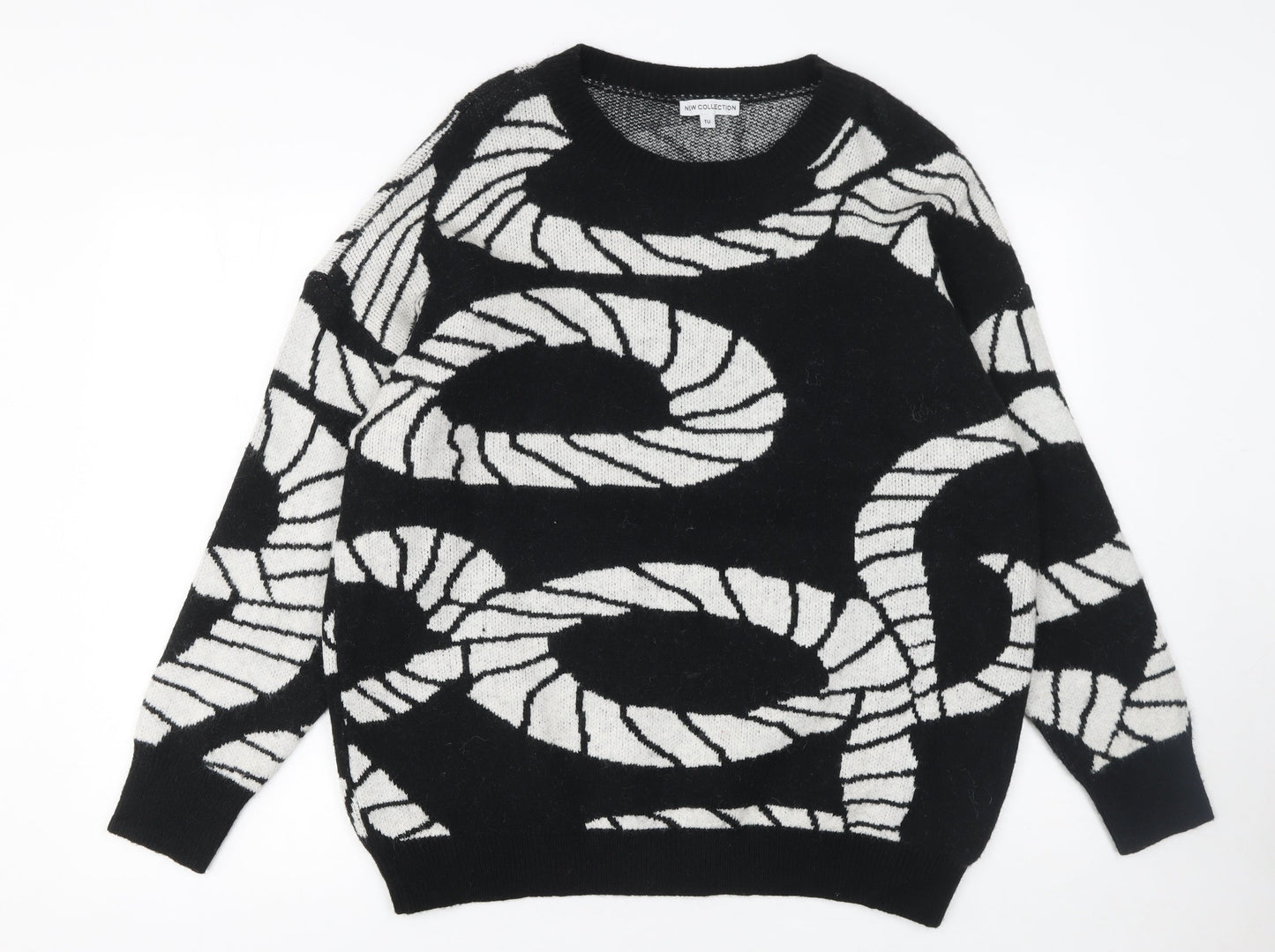TU Women's Black White Geometric Crew Neck Jumper Size M