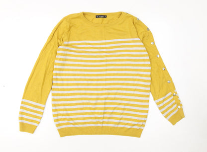 Additional front view of Dunnes Women's Yellow Striped Button Sleeve Crew Neck Jumper, size S