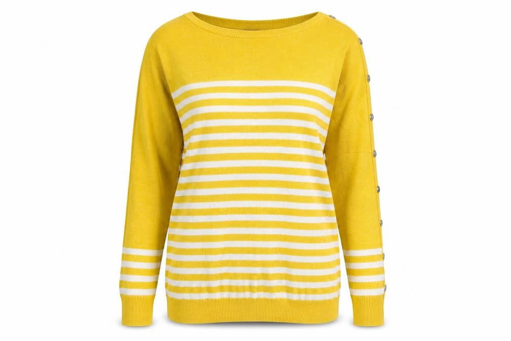 Dunnes Women's Yellow Striped Button Sleeve Crew Neck Jumper Size S