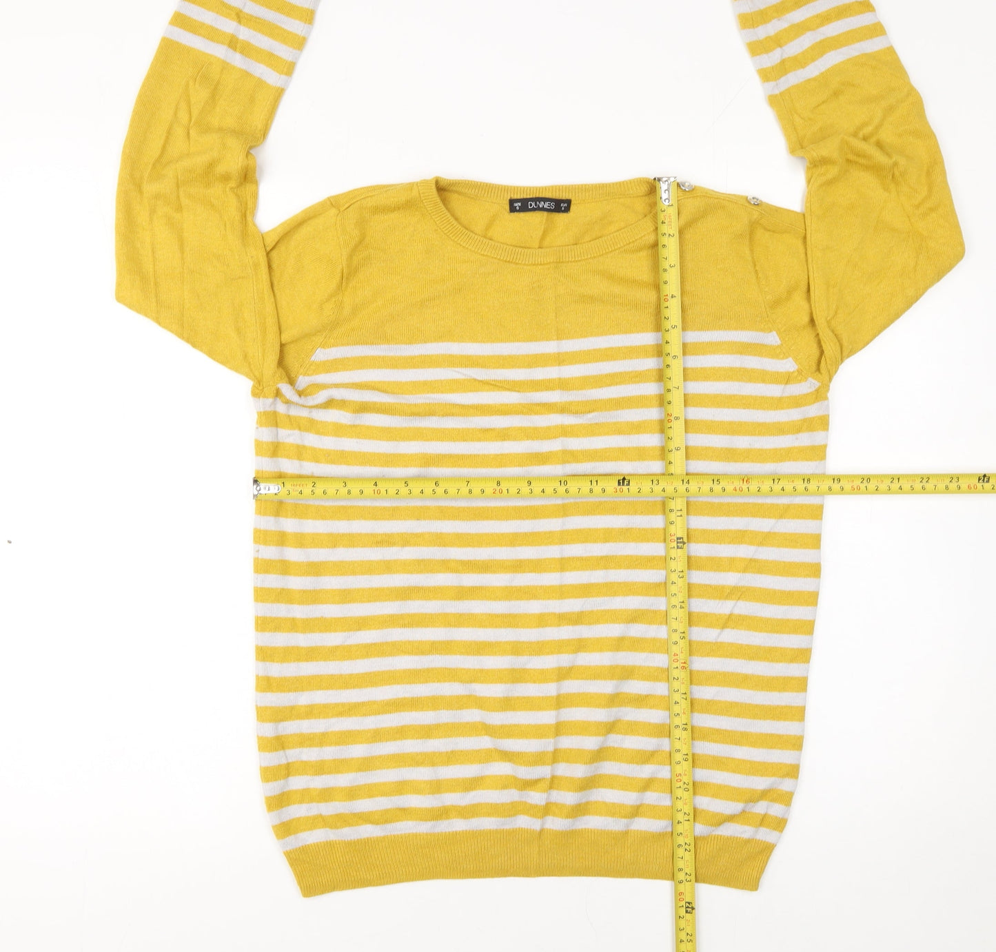 Dunnes Women's Yellow Striped Button Sleeve Crew Neck Jumper Size S