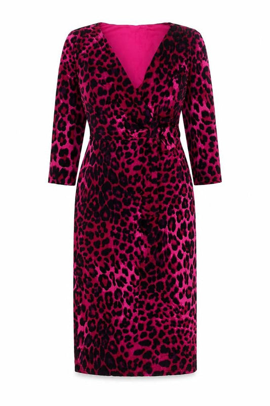 Marks & Spencer Per Una Pink Leopard Print Wrap Dress Size 10 Women’s 3/4 Sleeve Velvet