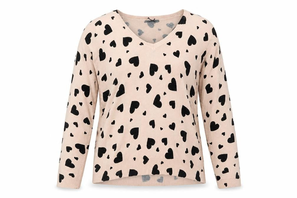 Marks & Spencer Womens Beige Heart Print V-Neck Acrylic Jumper Size 16
