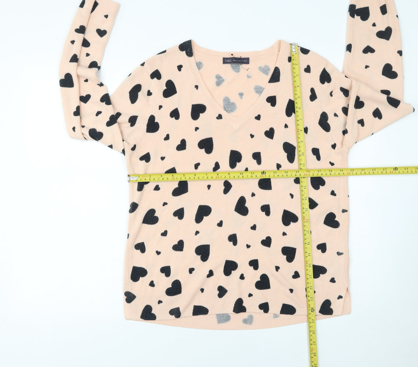 Marks and Spencer Womens Beige Heart Print V-Neck Acrylic Jumper Size 16