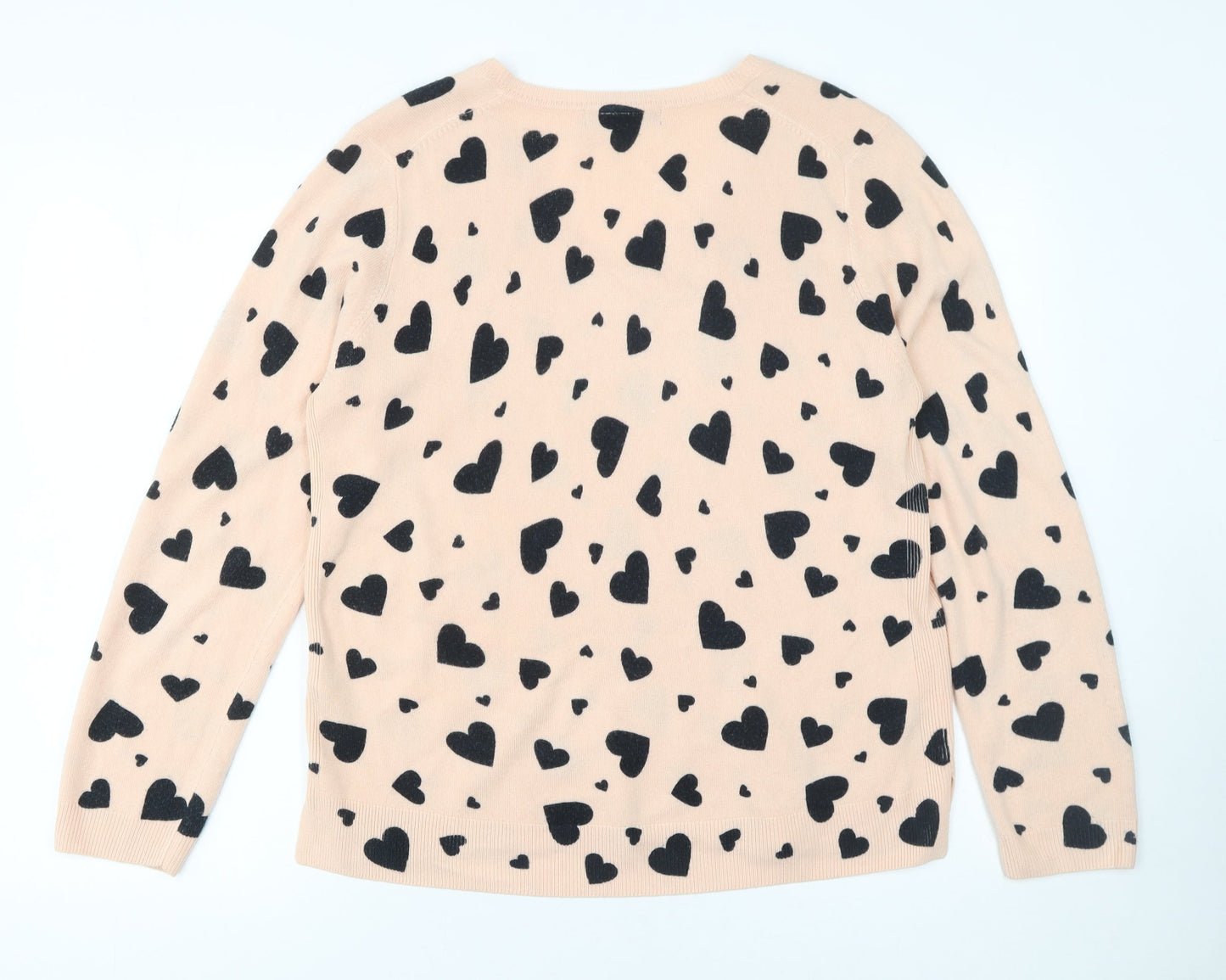 Marks and Spencer Womens Beige Heart Print V-Neck Acrylic Jumper Size 16