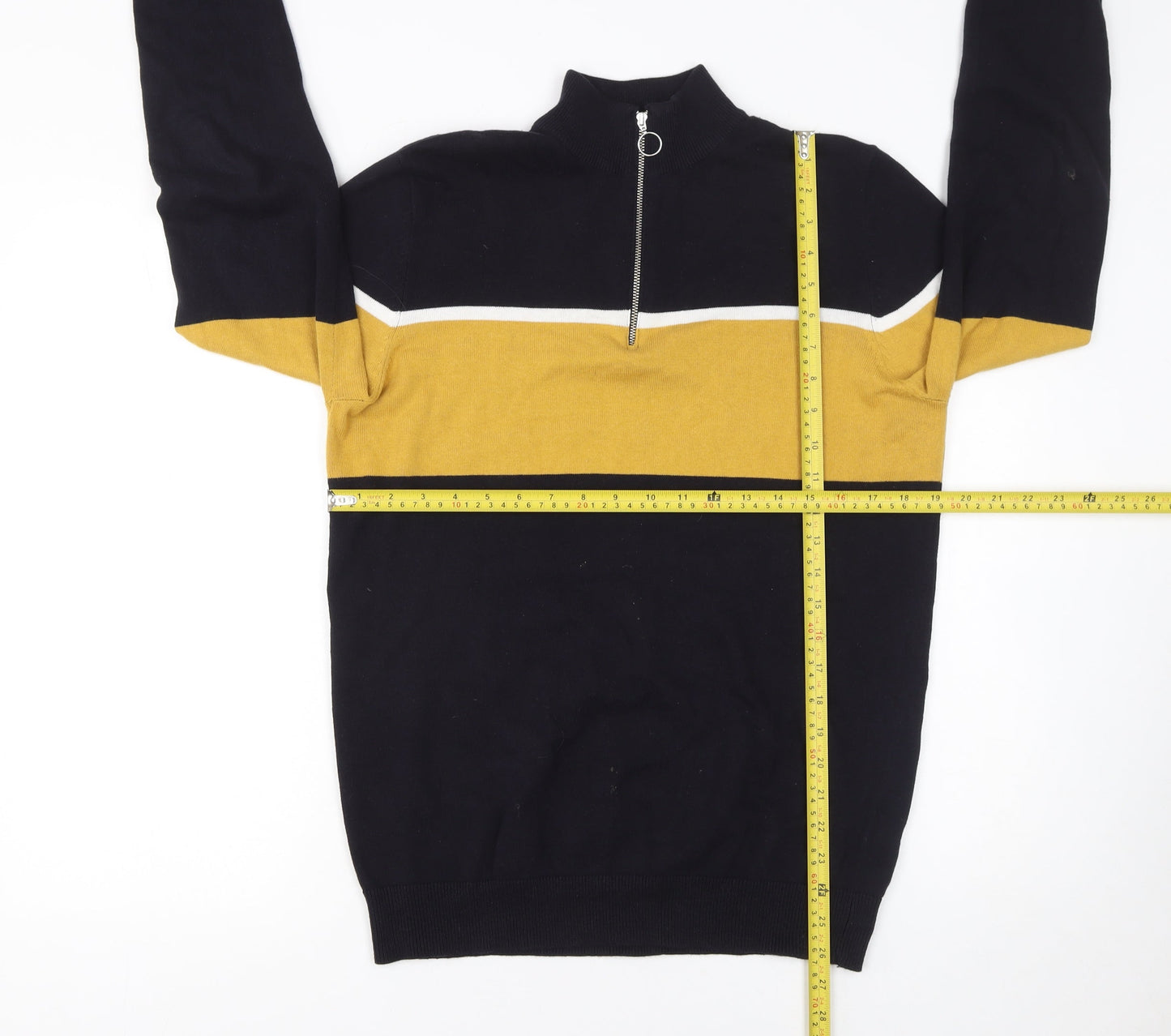 New Look Men’s Blue Yellow Stripe Half Zip Cotton Jumper Size S