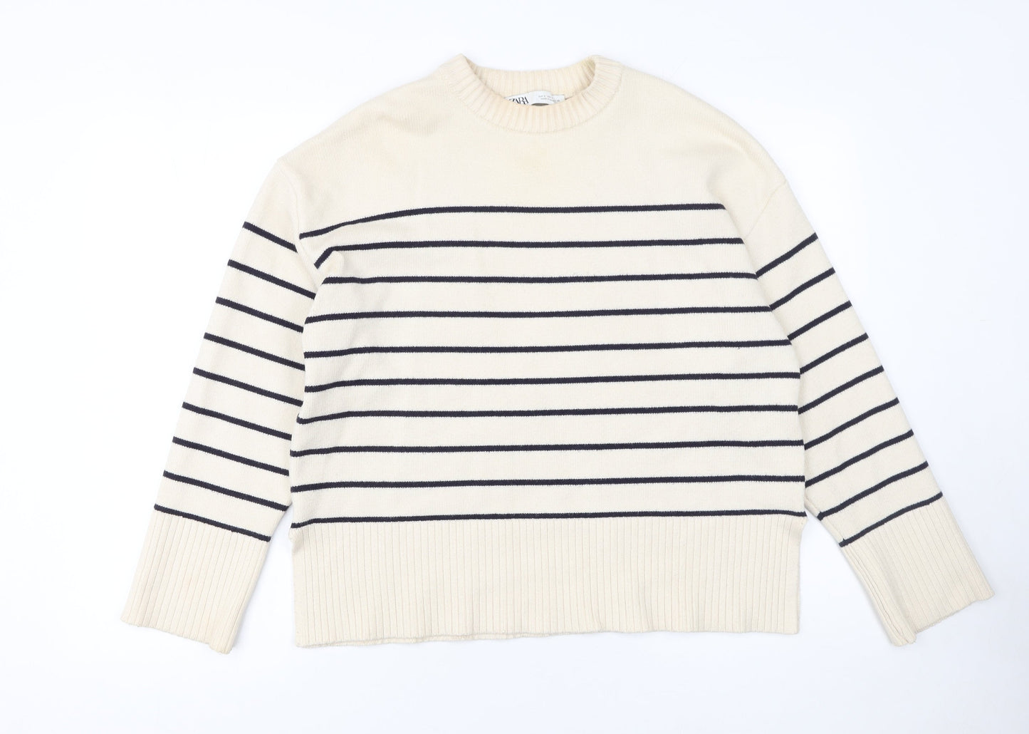 Zara Women Ivory Striped Crew Neck Pullover Jumper Size S