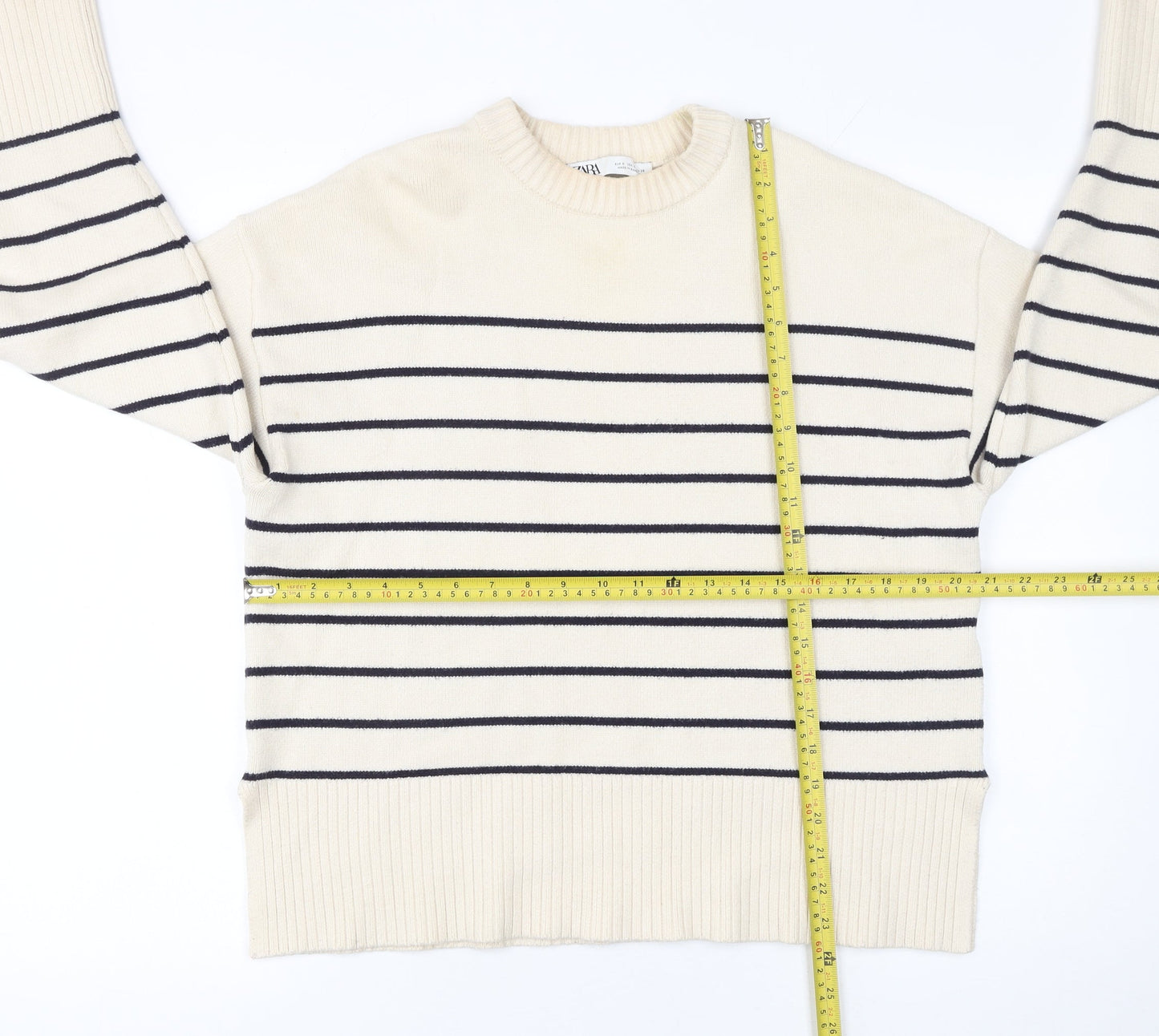 Zara Women Ivory Striped Crew Neck Pullover Jumper Size S