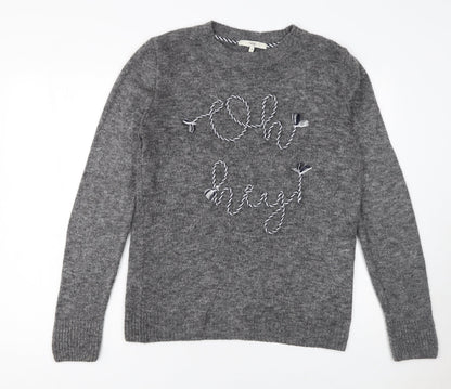 Next Women Grey Crew Neck Embroidered Pullover Jumper Size 10