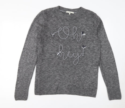 Next Women Grey Crew Neck Embroidered Pullover Jumper Size 10