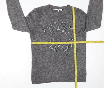 Next Women Grey Crew Neck Embroidered Pullover Jumper Size 10
