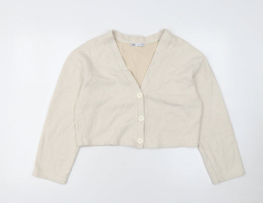 Zara Women Beige V-Neck Knit Cardigan Medium Cotton Blend