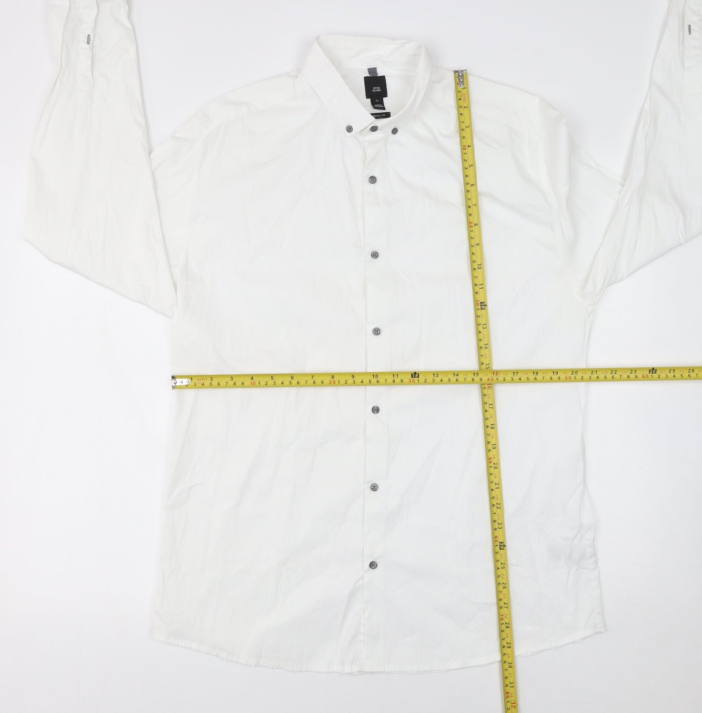 River Island Men's White XL Athletic Fit Long Sleeve Button-Up Shirt