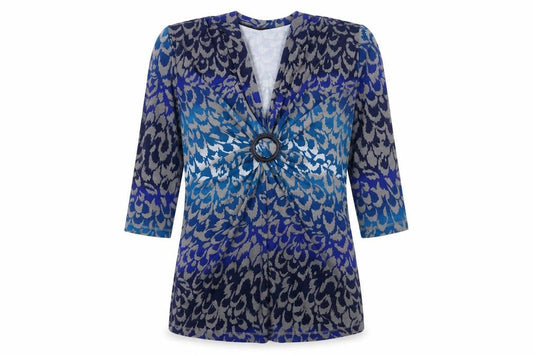 Olsen Womens Blue Animal Print 3/4 Sleeve Tunic Blouse Size 16