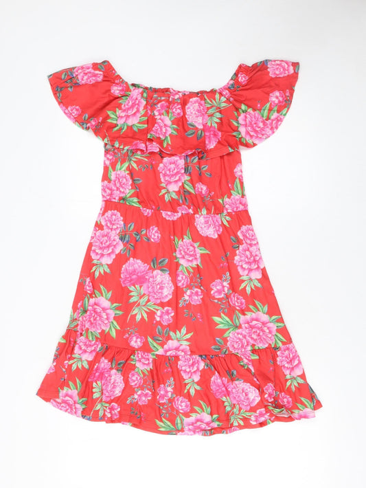 ASOS Women Red Floral Off Shoulder Ruffle Knee Length Dress Size 10