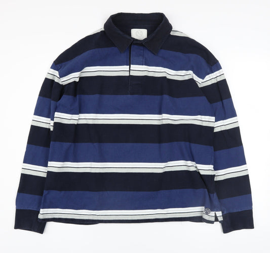 Marks and Spencer Men's Blue Striped Collared Long Sleeve Pullover Sweatshirt L
