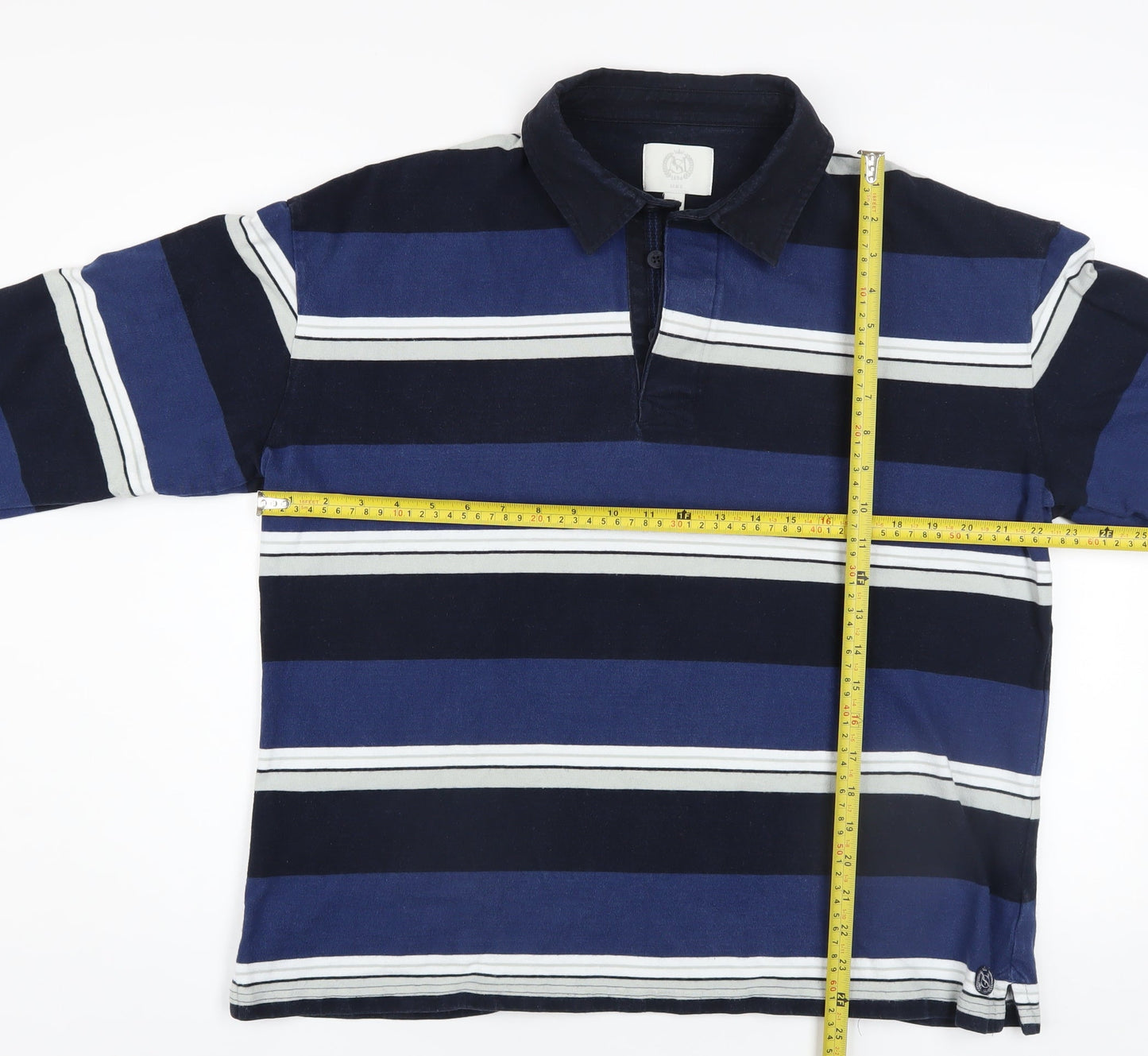 Marks and Spencer Men's Blue Striped Collared Long Sleeve Pullover Sweatshirt L