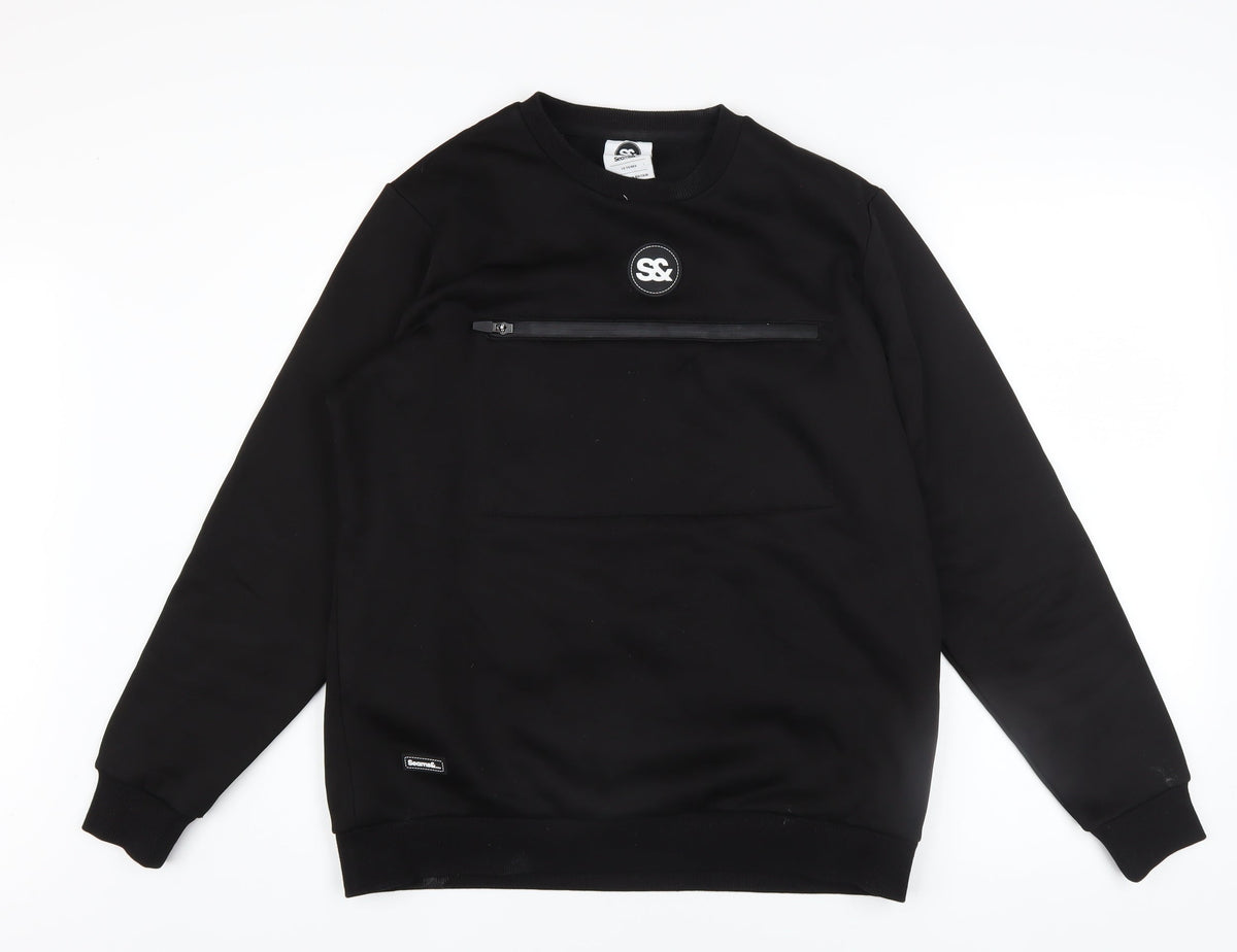 Seams& Boys Black Crew Neck Pullover Sweatshirt 15 Years Zip Detail