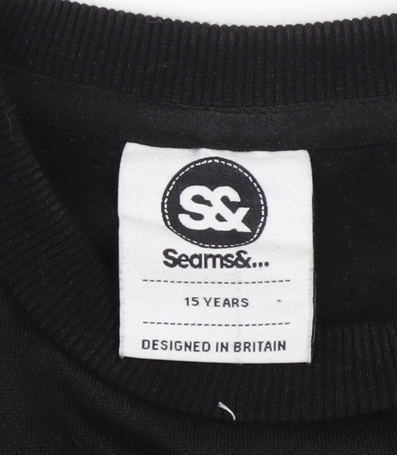 Seams& Boys Black Crew Neck Pullover Sweatshirt 15 Years Zip Detail