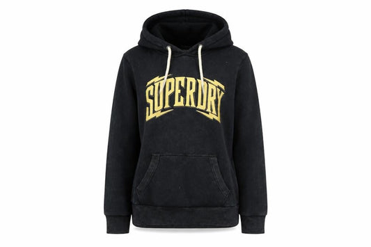Superdry Womens Black Hoodie UK 12 Pullover Cotton Blend Graphic Logo