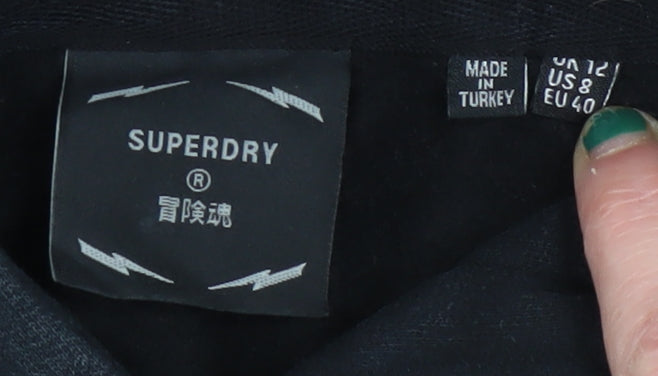 Superdry Womens Black Hoodie UK 12 Pullover Cotton Blend Graphic Logo
