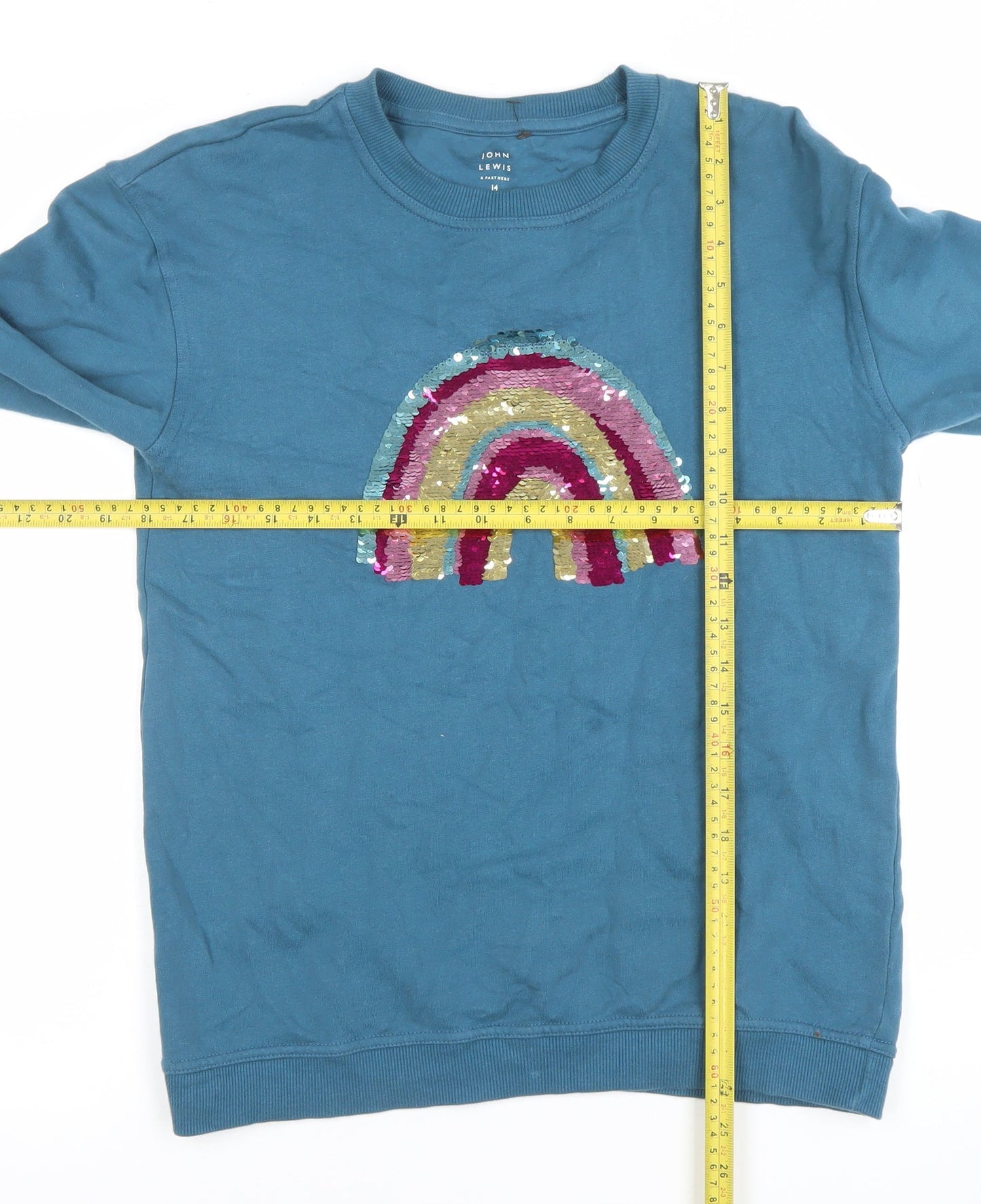 John Lewis Girls Blue Sequin Rainbow Cotton Pullover Sweatshirt Size 14 Years