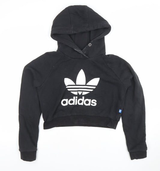 Adidas Women Black Hooded Pullover Sweatshirt Size 12 Logo Print