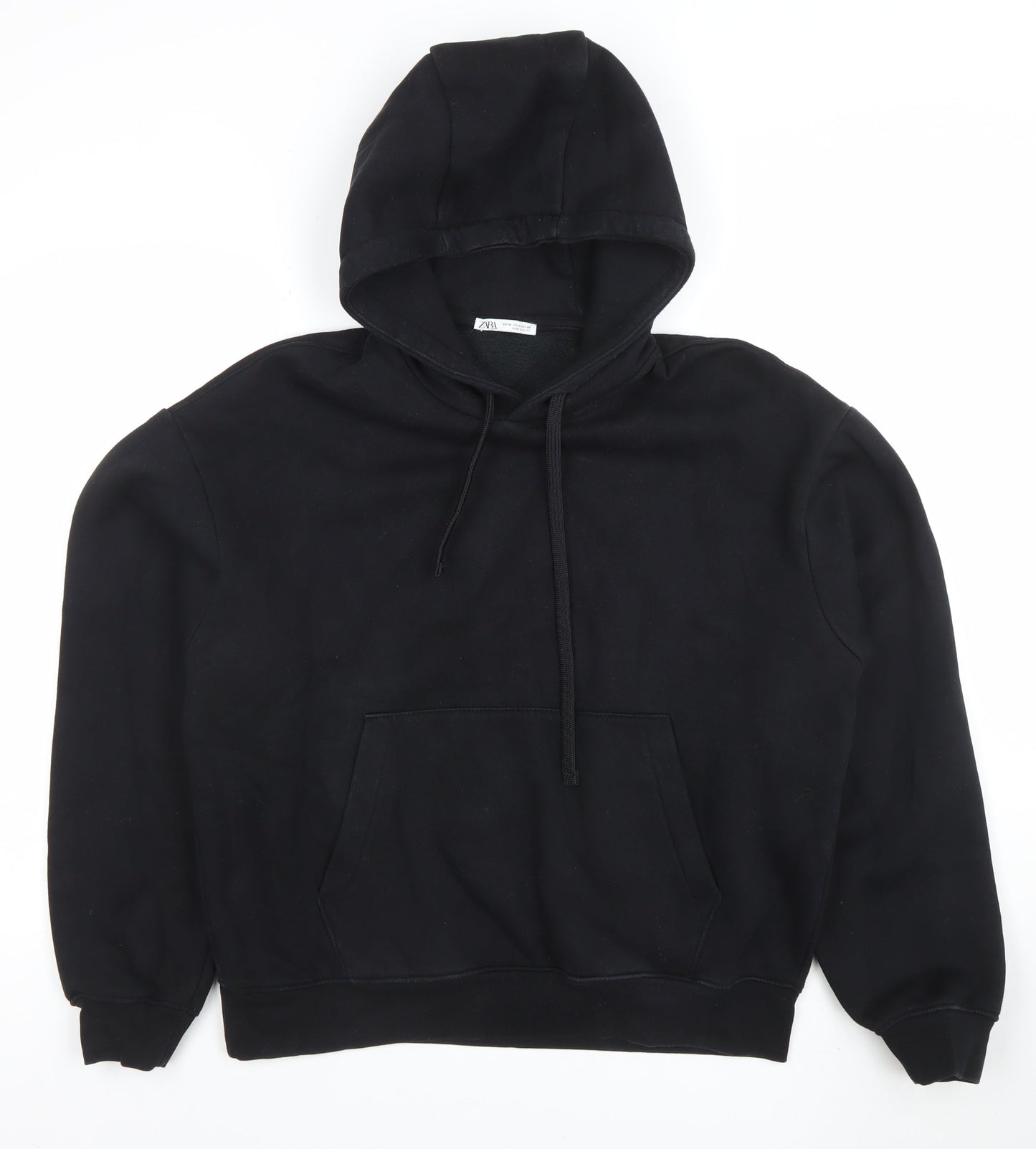 ZARA Men Black Pullover Hoodie M Regular Fleece Cotton Blend