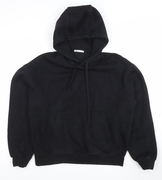 ZARA Men Black Pullover Hoodie M Regular Fleece Cotton Blend