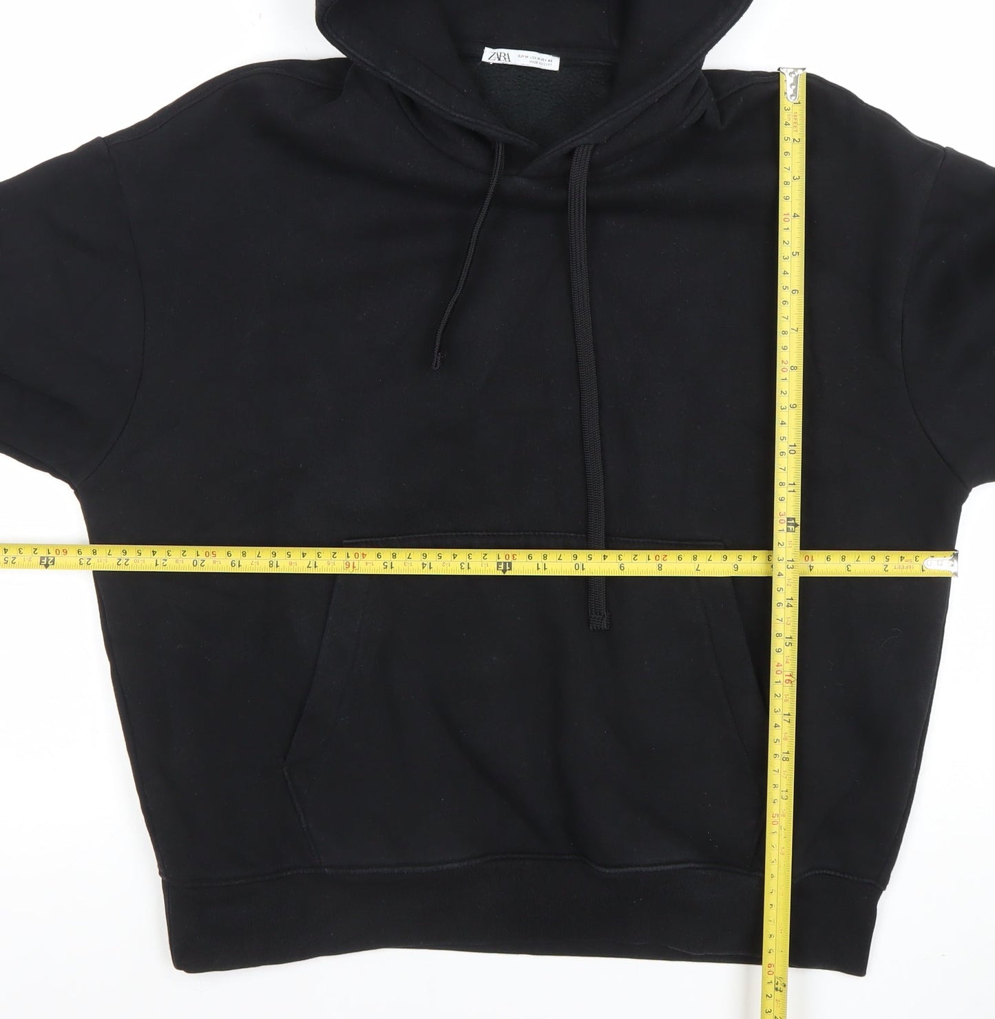 ZARA Men Black Pullover Hoodie M Regular Fleece Cotton Blend