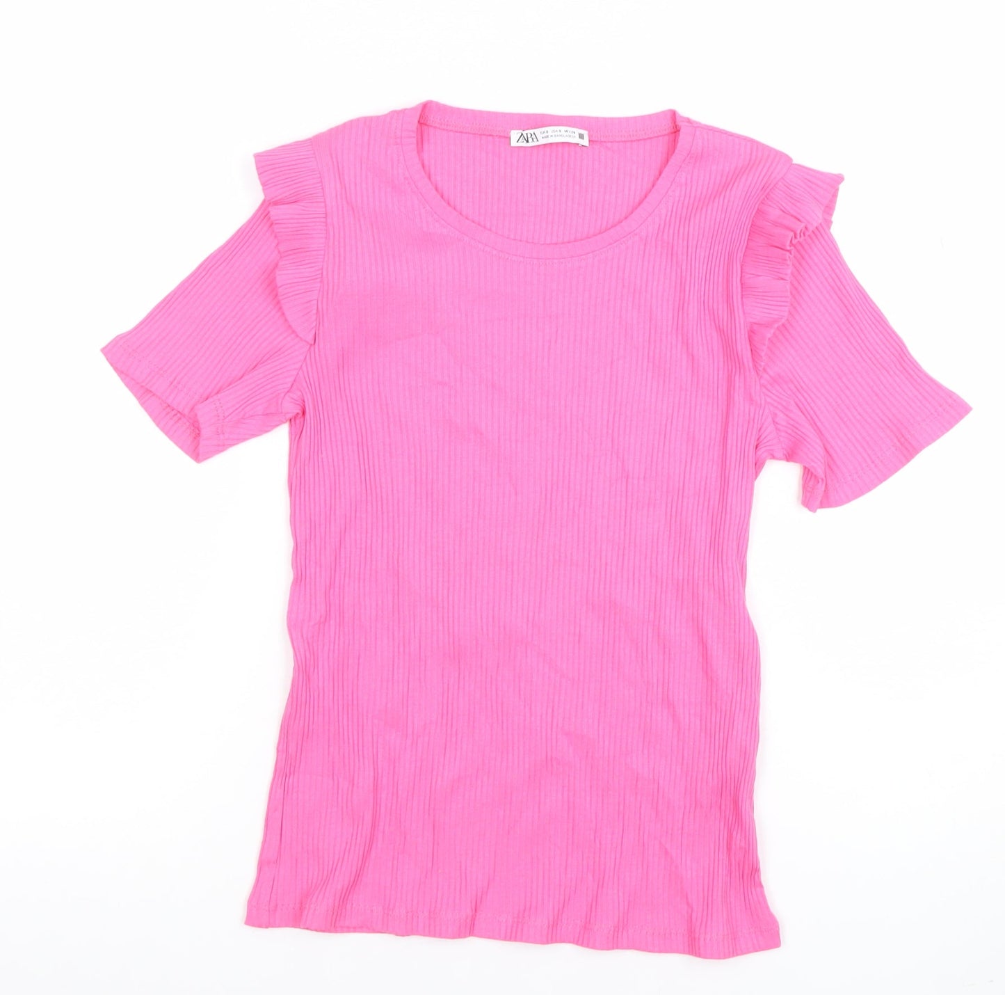 ZARA Women Pink Short Sleeve Ruffle Crew Neck Cotton T-Shirt Size S