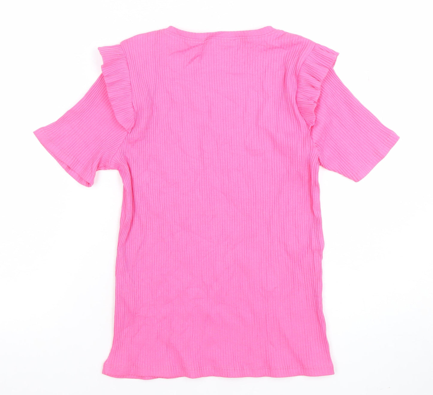 ZARA Women Pink Short Sleeve Ruffle Crew Neck Cotton T-Shirt Size S
